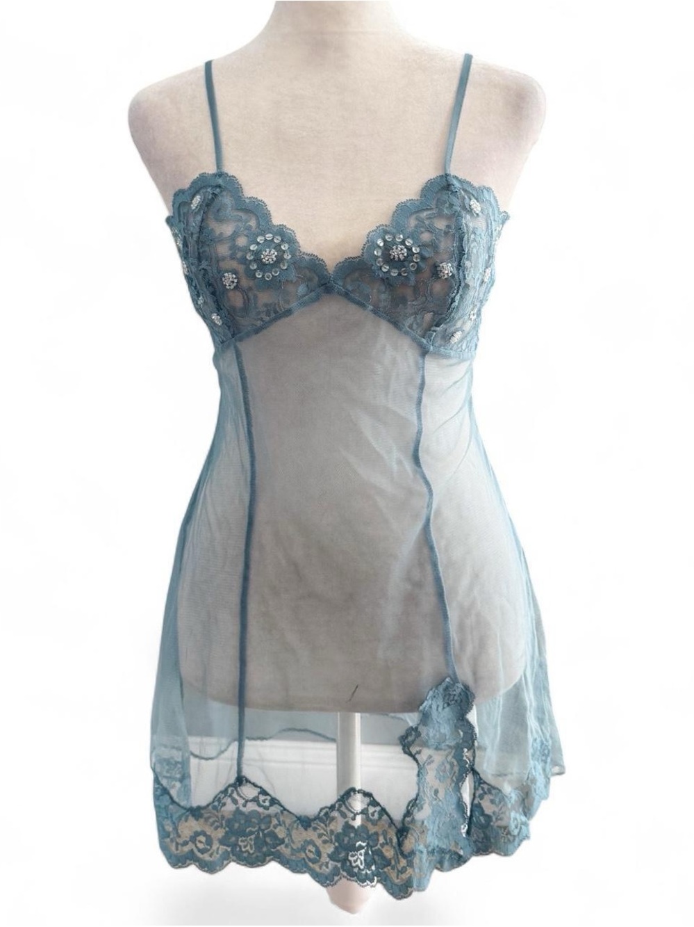 Vintage Y2K Victoria’s Secret Sheer Blue Lace Slip Dress Beaded Mesh Babydoll S